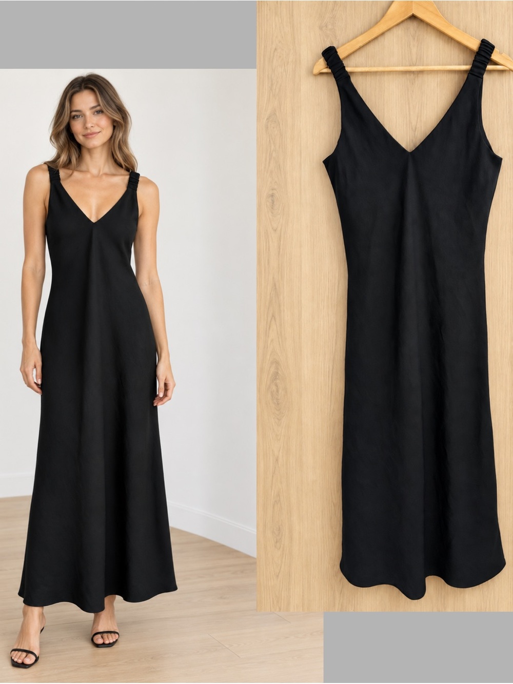 Zara Black V-Neck Maxi Dress with Ruched Straps